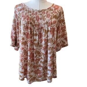 LUCKY BRAND Women's Beige Lily Leaf Cotton Blend Smocked Short Sleeve Top Size L